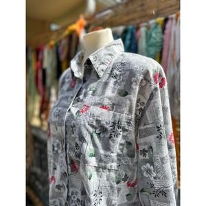 Tapestry Floral Button Down Shirt‎ Gray Script Print Long Sleeve 1X/XL 90s